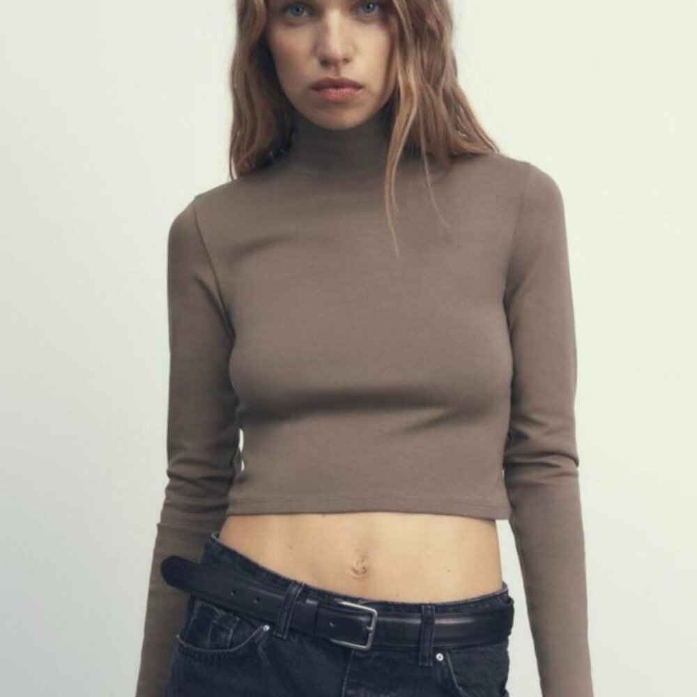 Zara Mock Neck Cropped Long Sleeve T-Shirt- Brown- Small